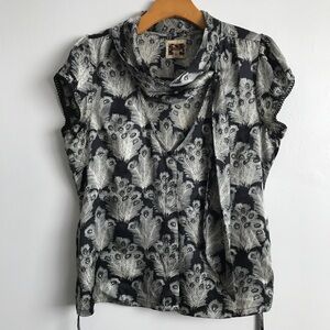 FREE PEOPLE WOMENS SHIRT BLACK GRAY 100% SILK SHIRT SLEEVE BUTTON 10